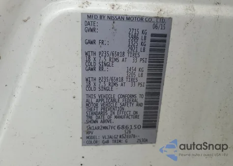 2015 Nissan Pathfinder S z USA, uszkodzony, nr VIN 5N1AR2MN7FC686150